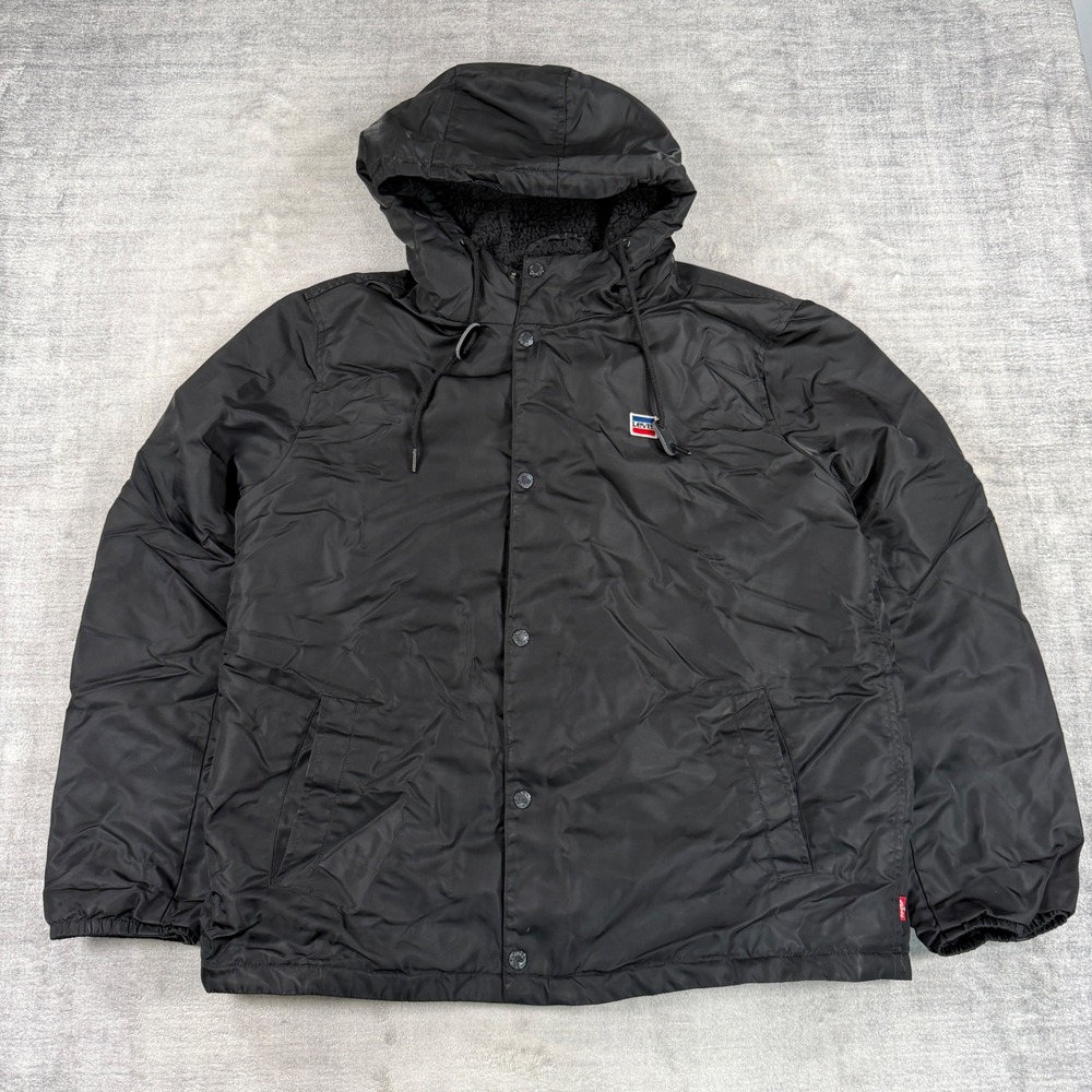 Levi's Jacket Mens Large Black Hooded Sherpa Lined Nylon Full Zip Parka Coat